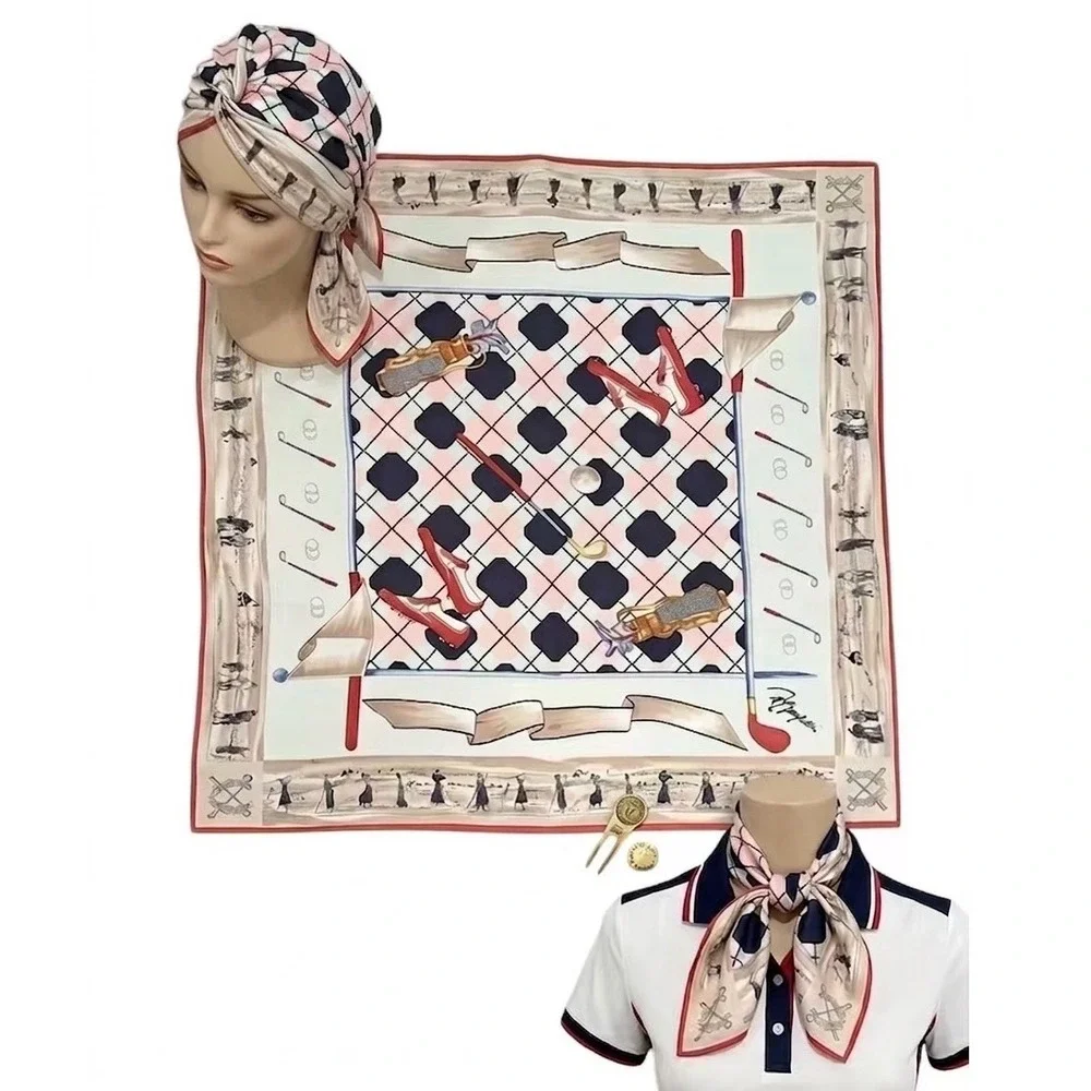 Zanghellini Silk Scarf Vintage Golf Argyle Print Square Navy Pink Mint 35x35